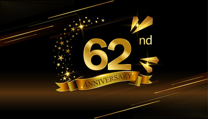 62nd anniversary logo with golden ring, confetti and Gold ribbon isolated on elegant black background, sparkle, vector design for greeting card and invitation card