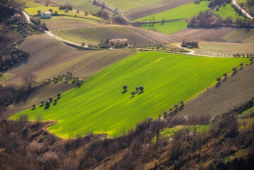 Countryside landscape, green agricultural fields among hills