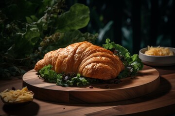 Croissant sandwich with meat & cheese, leafy green plant in background, wooden plate & croissant. Generative AI