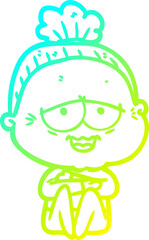 cold gradient line drawing of a cartoon happy old lady