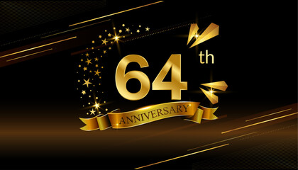64th anniversary logo with golden ring, confetti and Gold ribbon isolated on elegant black background, sparkle, vector design for greeting card and invitation card