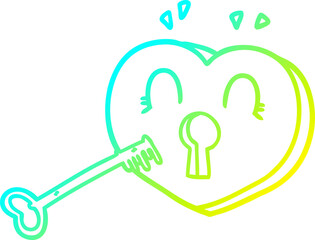 cold gradient line drawing of a cartoon heart with key