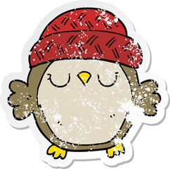 distressed sticker of a cute cartoon owl in hat