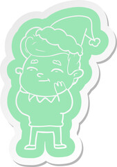 happy quirky cartoon  sticker of a man wearing santa hat