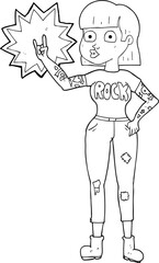 freehand drawn black and white cartoon rock girl