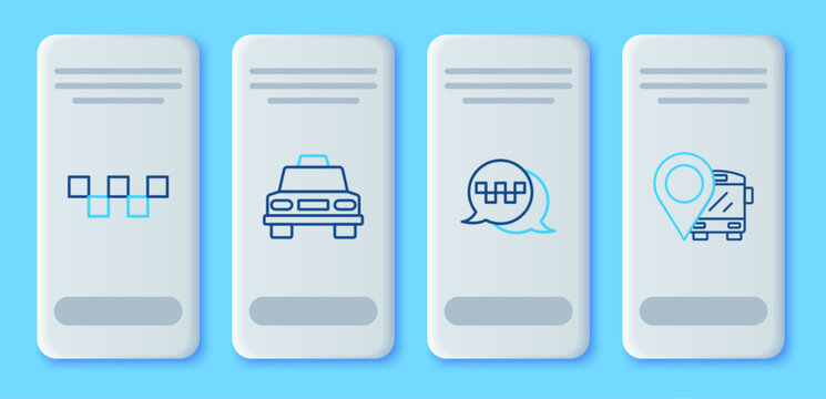 Set line Taxi car, call telephone service, roof and Location with bus icon. Vector