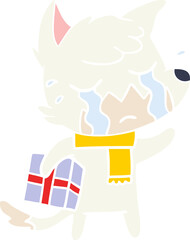 crying christmas fox flat color style cartoon