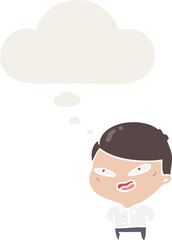 cartoon happy business man with thought bubble in retro style