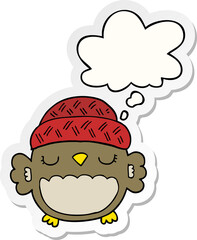 cute cartoon owl in hat with thought bubble as a printed sticker