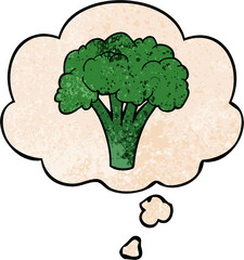 cartoon brocoli with thought bubble in grunge texture style