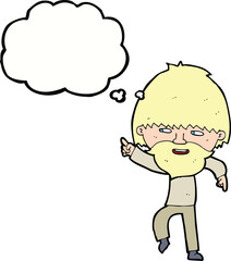 cartoon bearded man pointing and laughing with thought bubble