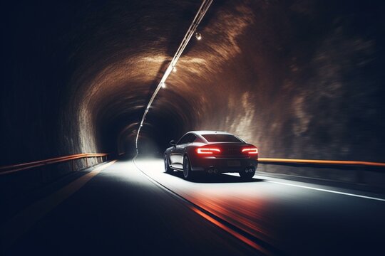A car speeding through a tunnel with light trails along the walls. Generative AI