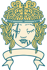Retro Tattoo Style elf barbarian character face with banner