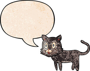 happy cartoon cat with speech bubble in retro texture style