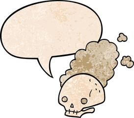 cartoon dusty old skull with speech bubble in retro texture style