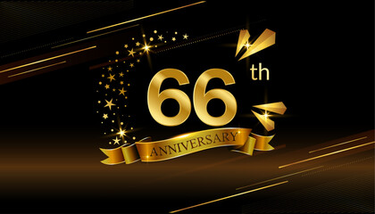 66th anniversary logo with golden ring, confetti and Gold ribbon isolated on elegant black background, sparkle, vector design for greeting card and invitation card