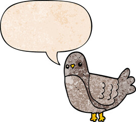 cartoon bird with speech bubble in retro texture style