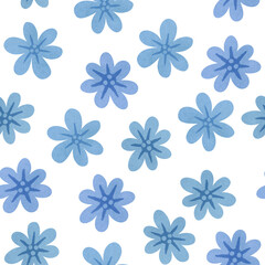 Fototapeta na wymiar Blue flowers seamless pattern. Small hand drawn monochrome blue flowers on white background. Floral allover print