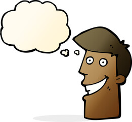 cartoon grinning man with thought bubble
