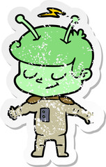 distressed sticker of a friendly cartoon spaceman