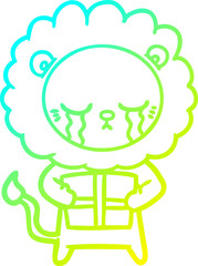 cold gradient line drawing of a crying cartoon lion