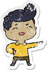 distressed sticker of a cartoon man laughing and pointing