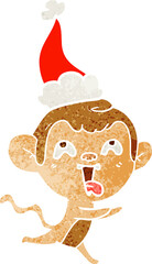 crazy hand drawn retro cartoon of a monkey running wearing santa hat