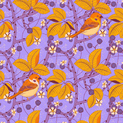 Seamless pattern in the Art Nouveau style for creating textiles. An illustration with intertwined blackberry branches and sparrow berries, leaves, flowers and birds on a soft pink background. Vector.