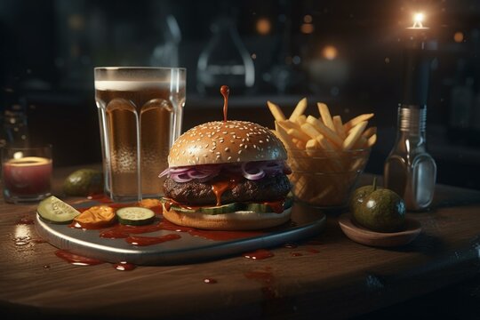 3D rendered depiction of a quick meal with burger, fries, and soda. Generative AI