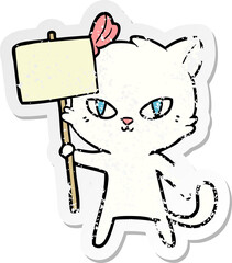 distressed sticker of a cute cartoon cat with protest sign
