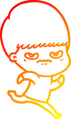 warm gradient line drawing of a cartoon angry boy