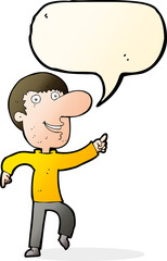 cartoon happy man dancing with speech bubble