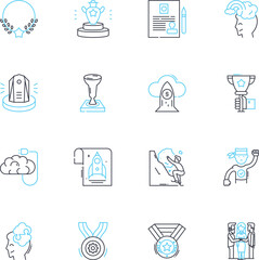 Gain and prize linear icons set. Reward, Bonus, Victory, Triumph, Winning, Success, Incentive line vector and concept signs. Booty,Bounty,Honor outline illustrations