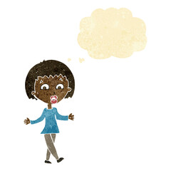 cartoon woman shrugging shoulders with thought bubble