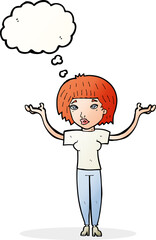 cartoon woman shrugging shoulders with thought bubble
