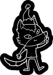 friendly quirky cartoon icon of a wolf giving peace sign wearing santa hat