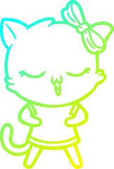 cold gradient line drawing of a cartoon cat with bow on head