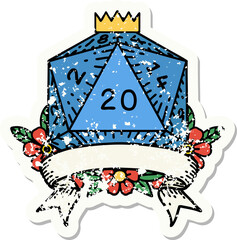 grunge sticker of a natural 20 critical hit D20 dice roll