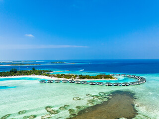 Fototapeta na wymiar aerial view, Asia, Maldives, North Male Atoll, Kanuhuraa, Cinnamon Dhonveli Maldives, with beaches and water bungalows