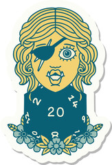 sticker of a half orc rogue with natural 20 dice roll