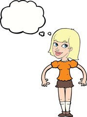 cartoon woman shrugging shoulders with thought bubble