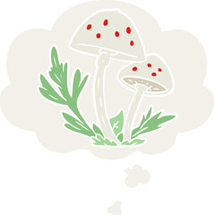cartoon mushrooms with thought bubble in retro style