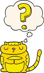 cartoon cat with question mark with thought bubble in comic book style