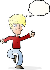 cartoon happy man dancing with thought bubble
