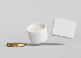 White ceramic candle jar with gold lid and empty box floating mockup, 3D render
