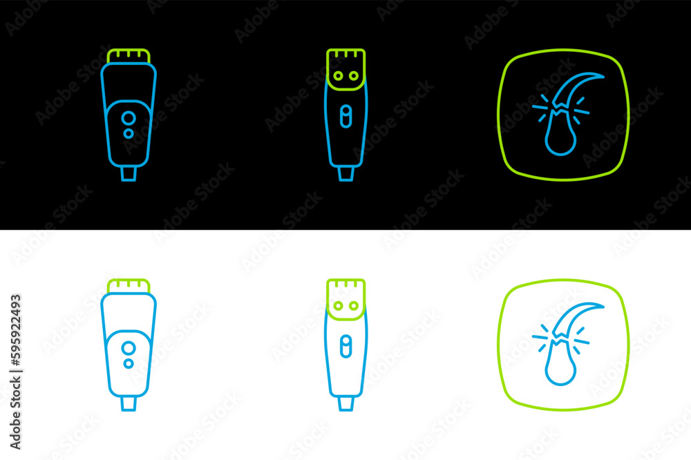 Poster Set line Broken hair follicle, Electric razor blade and Hair clipper icon. Vector