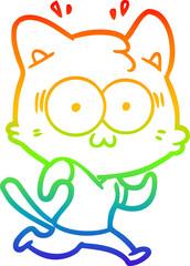 rainbow gradient line drawing of a cartoon surprised cat running