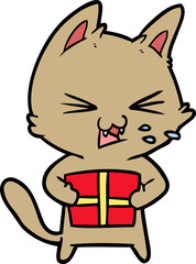 cartoon hissing cat with christmas present