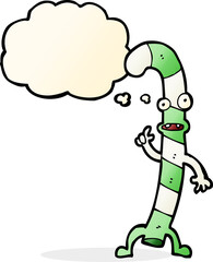 cartoon dancing christmas candy cane with thought bubble