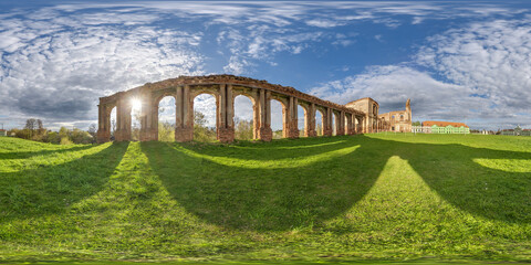 full spherical hdri 360 panorama near stone abandoned ruined palace building with columns at evening  with sunrays in equirectangular projection, VR AR virtual reality content